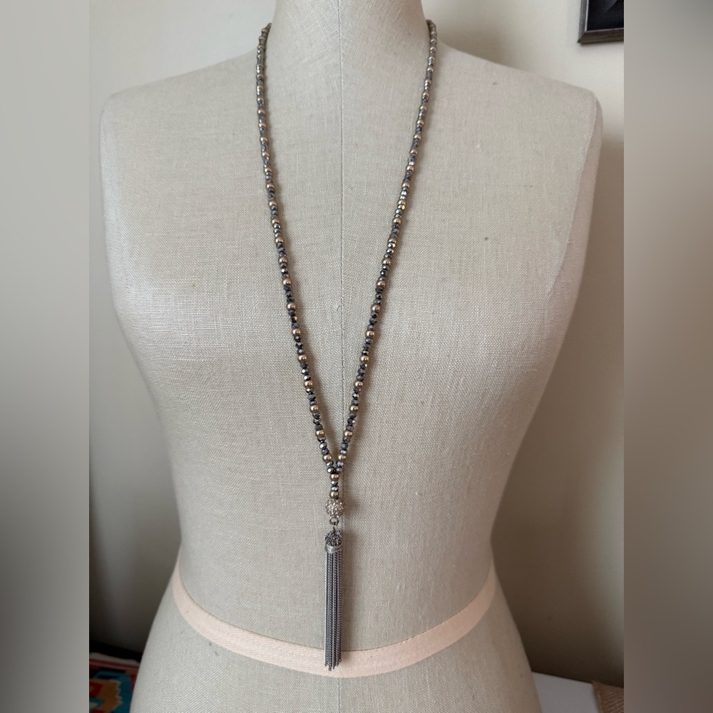 LOFT Black and Gold Beaded Necklace with Silver Tassel